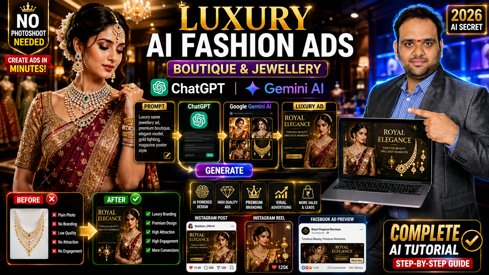 Create Professional Saree and Jewellery Advertisements with ChatGPT + Google Gemini
