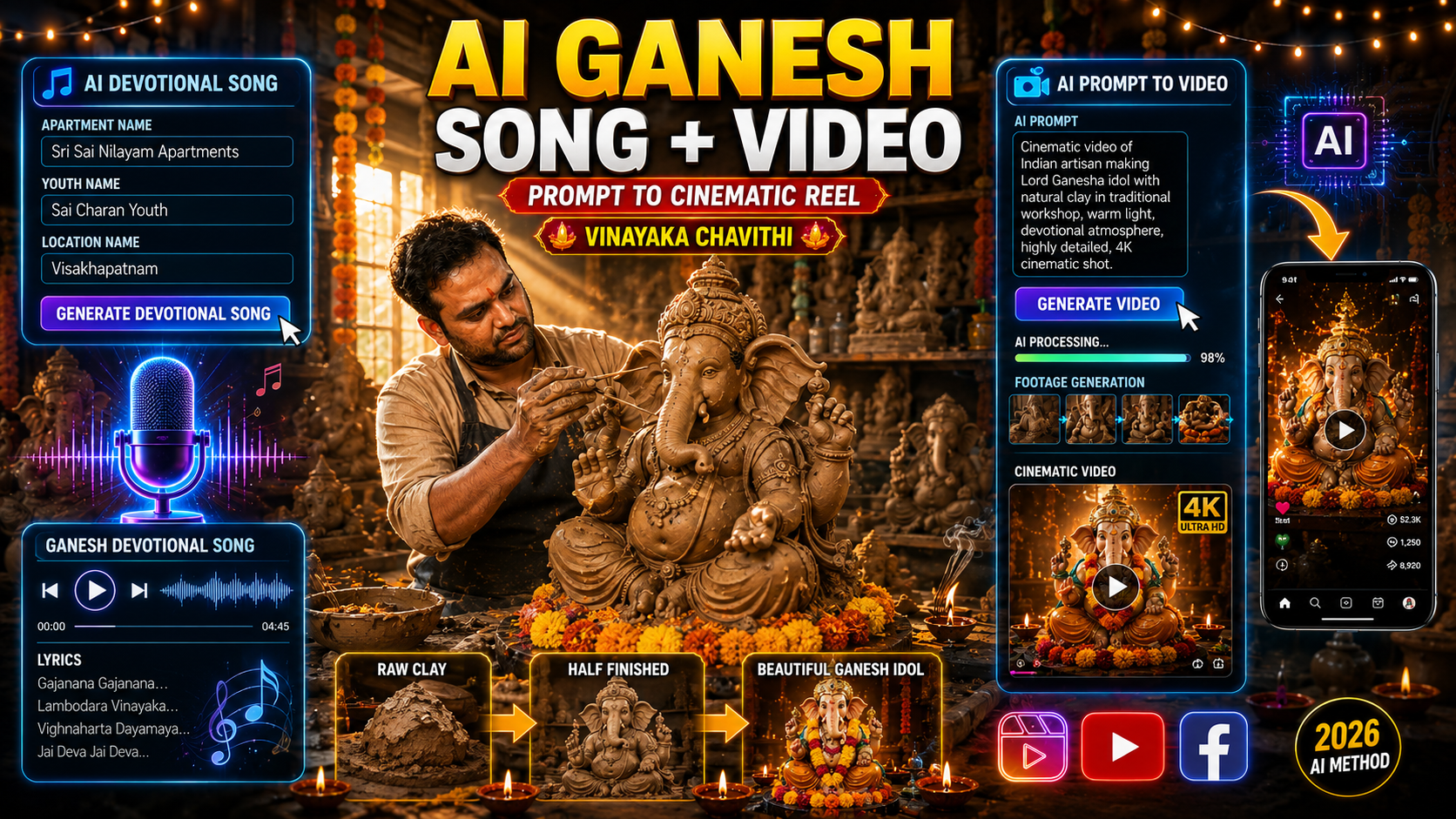 How to Create Vinayaka Chavithi Songs with Apartment, Youth & Location Names and Create Ganesha Idol Making AI Videos Using AI  Prompts
